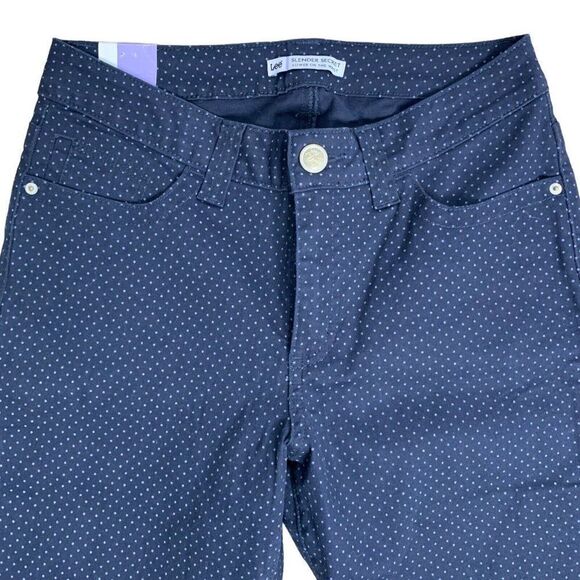 Lee Slender Secret Straight Leg Jeans 10 Blue Polka Dot Mid Rise Stretch NEW - Picture 2 of 6